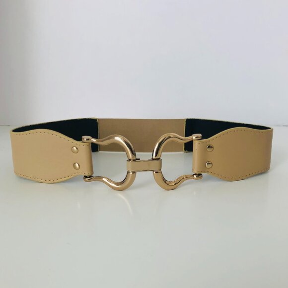 Beige-cream equestrian-inspired style faux leather wide stretch belt – small - Picture 1 of 10